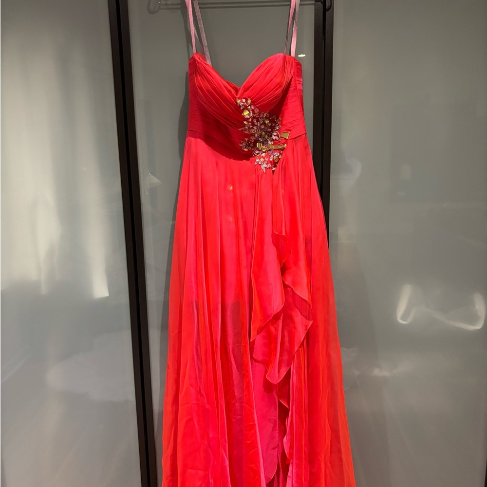 Vibrant Pink High Low Dress with Floral Detail